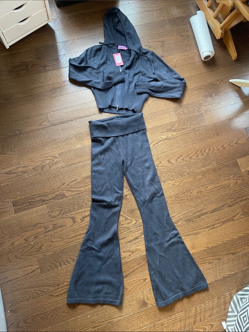 Edikted Charcoal Black Knit Foldover Waist Flare Pants ans zip up sweater set